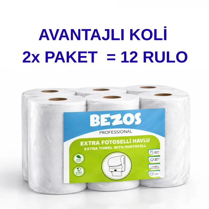 BUĞZ Bezos Professional Fotoselli Havlu 12 Rulo – 2 Katlı %100 Selüloz 21 cm Endüstriyel Kağıt Havlu 2X6 Rulo