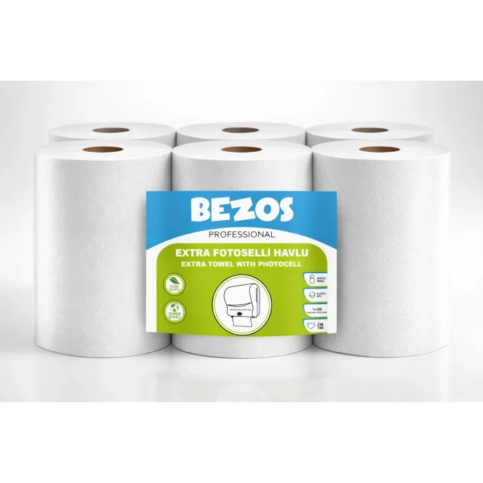 BUĞZ Bezos Professional Fotoselli Havlu 12 Rulo – 2 Katlı %100 Selüloz 21 cm Endüstriyel Kağıt Havlu 2X6 Rulo