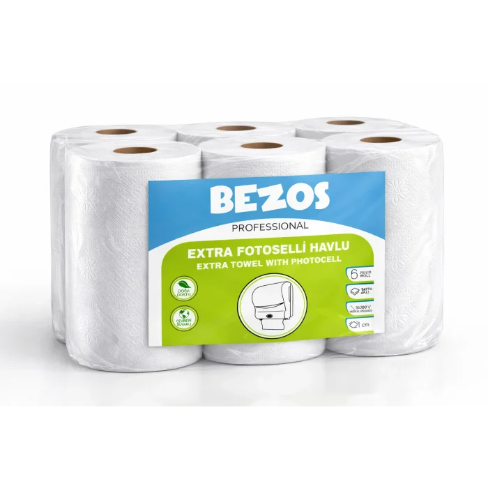 BUĞZ Bezos Professional Fotoselli Havlu 6 Rulo – 2 Katlı %100 Selüloz 21 cm Endüstriyel Kağıt Havlu