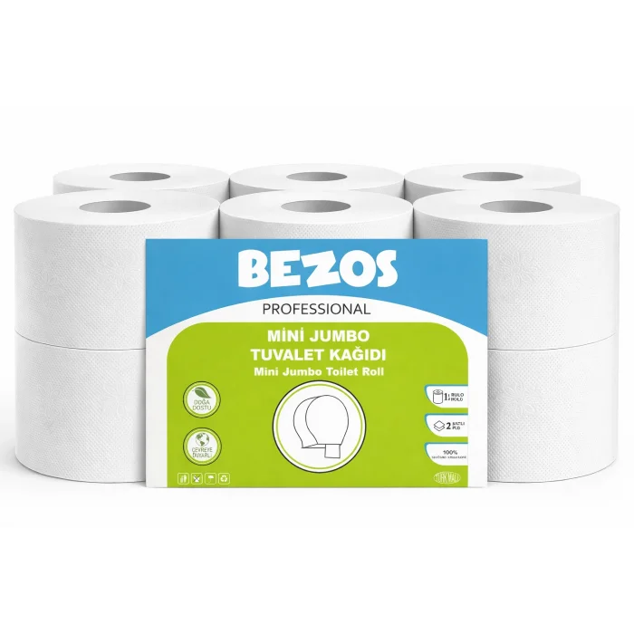 BUĞZ Bezos Professional Mini Jumbo Tuvalet Kağıdı 12 Rulo | 2 Katlı | %100 Selüloz | Endüstriyel & Ev Tipi Kullanım
