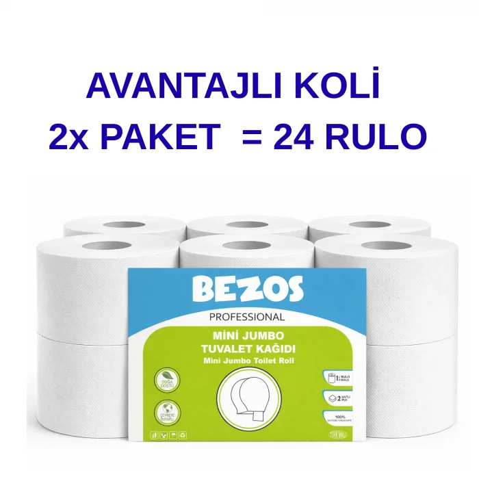 BUĞZ Bezos Professional Mini Jumbo Tuvalet Kağıdı 24 Rulo | 2 Katlı | %100 Selüloz | Endüstriyel & Ev Tipi Kullanım 2X12RULO