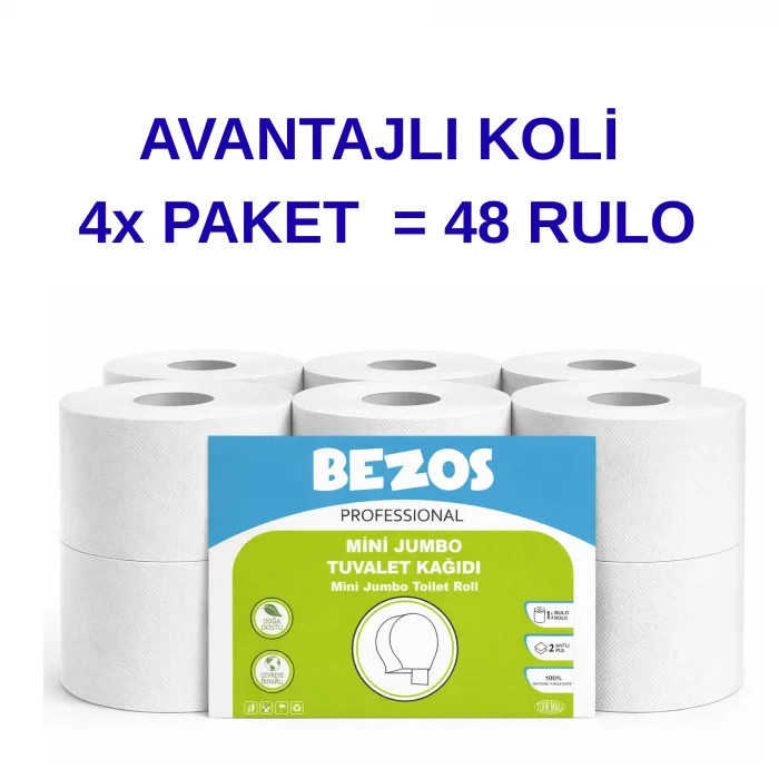 BUĞZ Bezos Professional Mini Jumbo Tuvalet Kağıdı 48 Rulo | 2 Katlı | %100 Selüloz | Endüstriyel & Ev Tipi Kullanım 4X12RULO