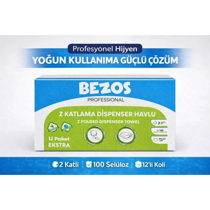 BUĞZ Bezos Professional Z Katlamalı Dispenser Havlu 2 Katlı %100 Selüloz 20x22 cm 12’li Koli