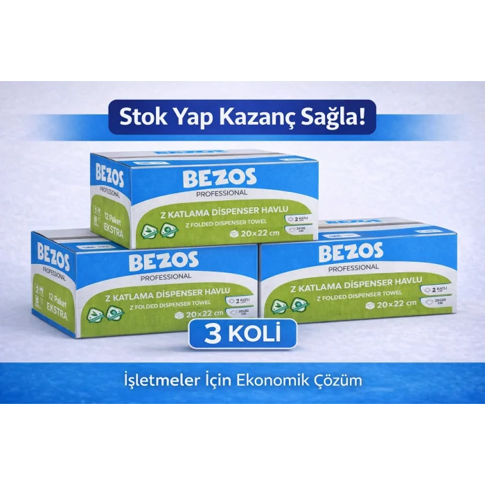 BUĞZ Bezos Professional Z Katlamalı Dispenser Havlu 2 Katlı %100 Selüloz 20x22 cm 3 Koli (36 Paket)