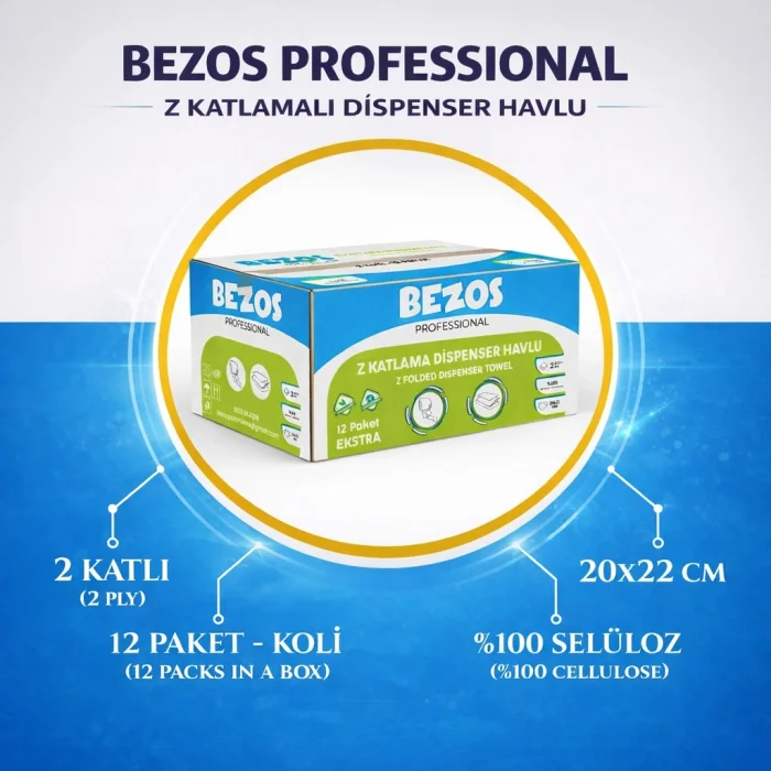 BUĞZ Bezos Z Katlamalı Dispenser Havlu 2 Katlı 20x22 cm %100 Selüloz 4 Koli Avantaj Paket