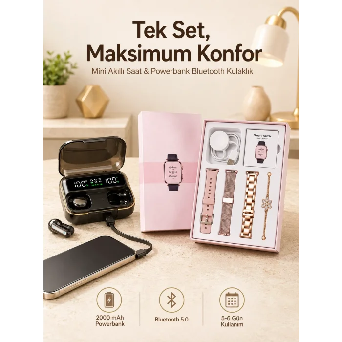 BUĞZ Bileklikli Amoled Ekran Akıllı Saat ve Dijital Göstergeli Kablosuz Bluetooth Kulaklık ANC/ ENC
