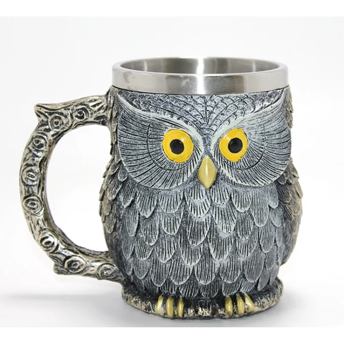 BUĞZ Bilge Baykuş Figürlü 3D Kabartmalı Paslanmaz Çelik Kupa Bardak