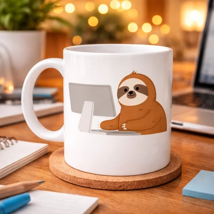 BUĞZ Bilgisayar Başında Tembel Hayvan Desenli Porselen Kupa MODEL 113 – Sevimli Sloth Tasarımlı Ofis & Kahve Kupası , Eğlenceli Hediye