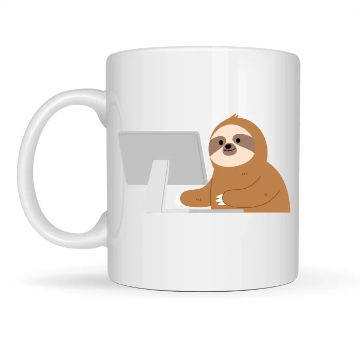 BUĞZ Bilgisayar Başında Tembel Hayvan Desenli Porselen Kupa MODEL 113 – Sevimli Sloth Tasarımlı Ofis & Kahve Kupası , Eğlenceli Hediye