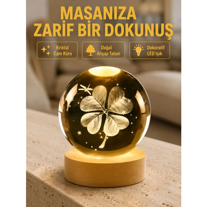 BUĞZ Bitki Temalı LED Işıklı Cam Küre Ahşap Standlı Modern Gece Lambası