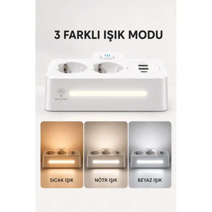 BUĞZ Bkl-502 Akım Korumalı 2li Priz 2 Usb Ve 2 Type-c Çıkış 4000w Hızlı Şarj Duvar Tipi Dokunmatik Led Aydınlatmalı
