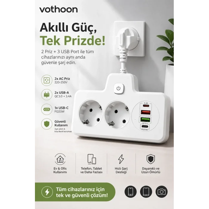 BUĞZ Bkl-502 Akım Korumalı 2li Priz 2 Usb Ve 2 Type-c Çıkış 4000w Hızlı Şarj Duvar Tipi Dokunmatik Led Aydınlatmalı