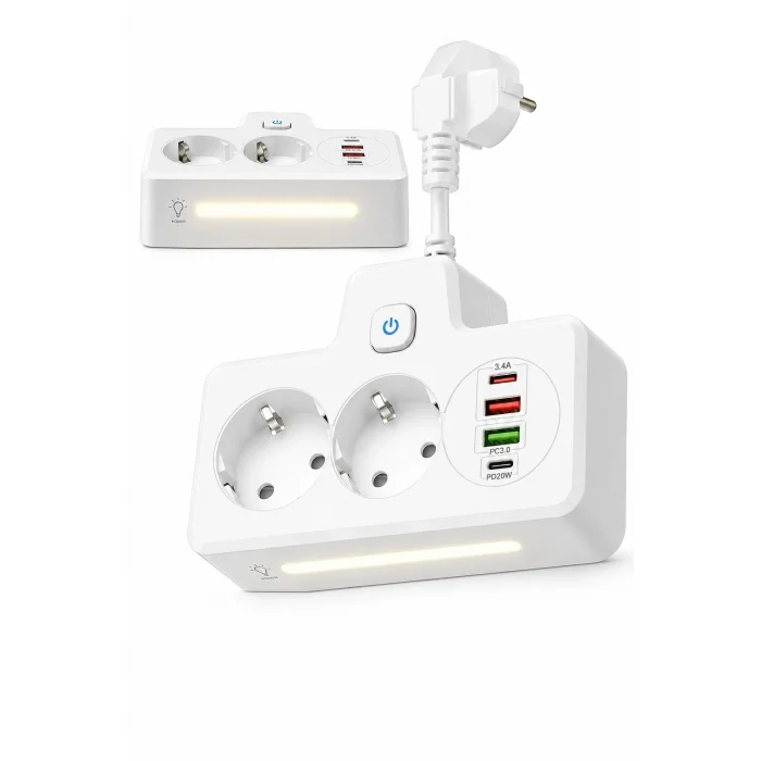 BUĞZ Bkl-502 Akım Korumalı 2li Priz 2 Usb Ve 2 Type-c Çıkış 4000w Hızlı Şarj Duvar Tipi Dokunmatik Led Aydınlatmalı