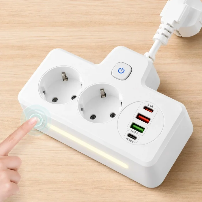 BUĞZ Bkl-502 Akım Korumalı 2li Priz 2 Usb Ve 2 Type-c Çıkış 4000w Hızlı Şarj Duvar Tipi Dokunmatik Led Aydınlatmalı