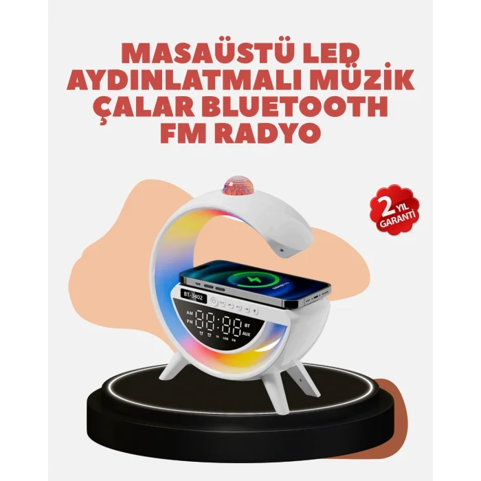BUĞZ Bluetooth 5.0 Kablosuz Şarj Rampalı FM Radyo ve RGB Işıklı Hoparlör