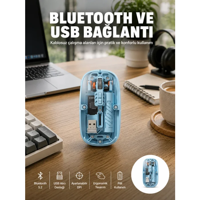 BUĞZ Bluetooth 5.2 Destekli Mavi Pilli Kablosuz Mouse Yeni Nesil