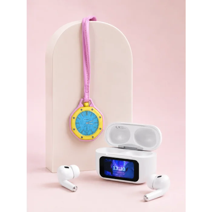 BUĞZ Bluetooth 5.4 Kablosuz Kulaklık Pembe Askılı Analog Charm Saat İkili Set - BUĞZ