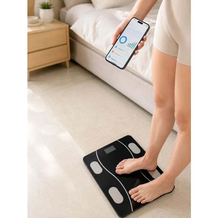 BUĞZ Bluetooth Akıllı Tartı 180 Kg Kapasiteli Vücut Yağ Kas Su BMI Analizli Cam Baskül