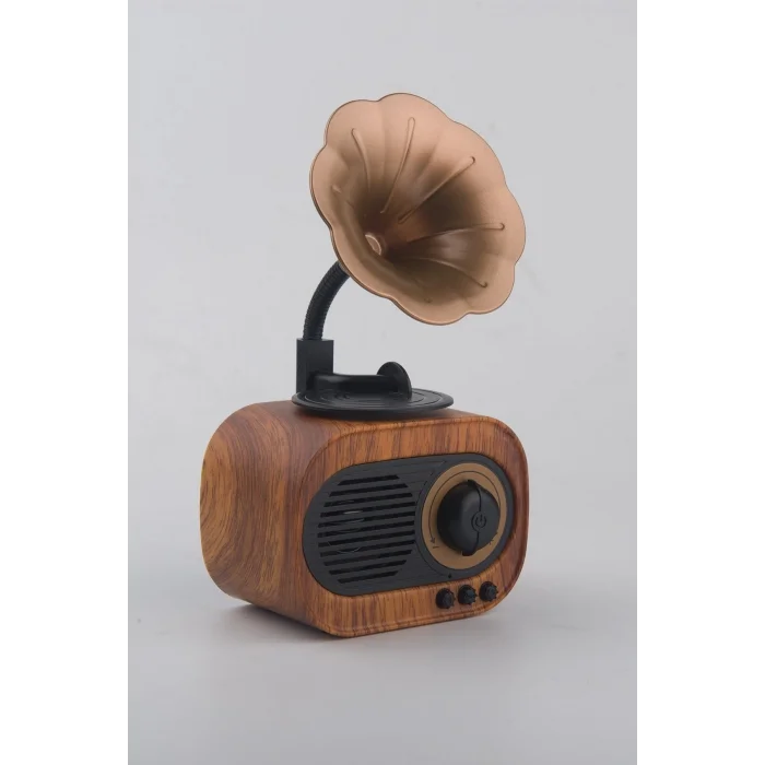 BUĞZ Bluetooth Bağlantılı Nostaljik Radyo ve Gramofon Tasarımlı Taşınabilir Hoparlör, Gri Renk Seçeneği