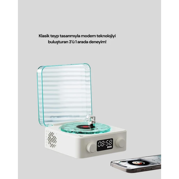 BUĞZ Bluetooth Hoparlör – 3-ü-1 Saatli Gece Lambası ve Vintage Tasarım - BUĞZ