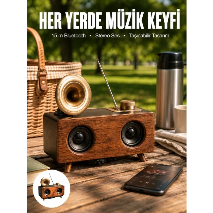 BUĞZ Bluetooth Hoparlör Ahşap Klasik Retro Gramofon Bluetooth Müzik Kutusu