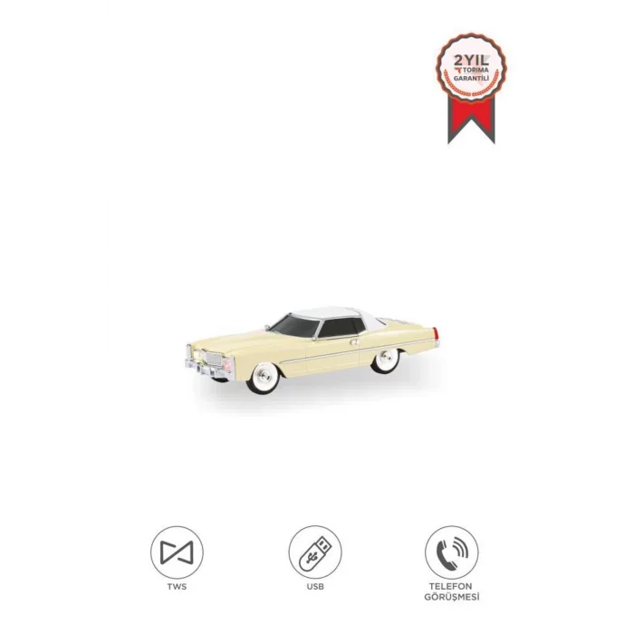 BUĞZ Bluetooth hoparlör bej renk retro araba tasarımlı 10W FM USB TWS 3 saat dinleme süresi