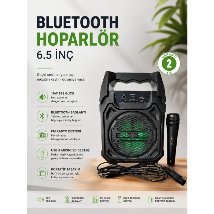 BUĞZ Bluetooth Hoparlör Mikrofonlu Taşınabilir Ses Sistemi FM Radyo, USB, SD Kart ve TWS Özellikli