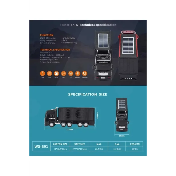 BUĞZ Bluetooth hoparlör siyah güneş enerjili kamyon tır araba 10 watt TWS FM radyo USB SD kart