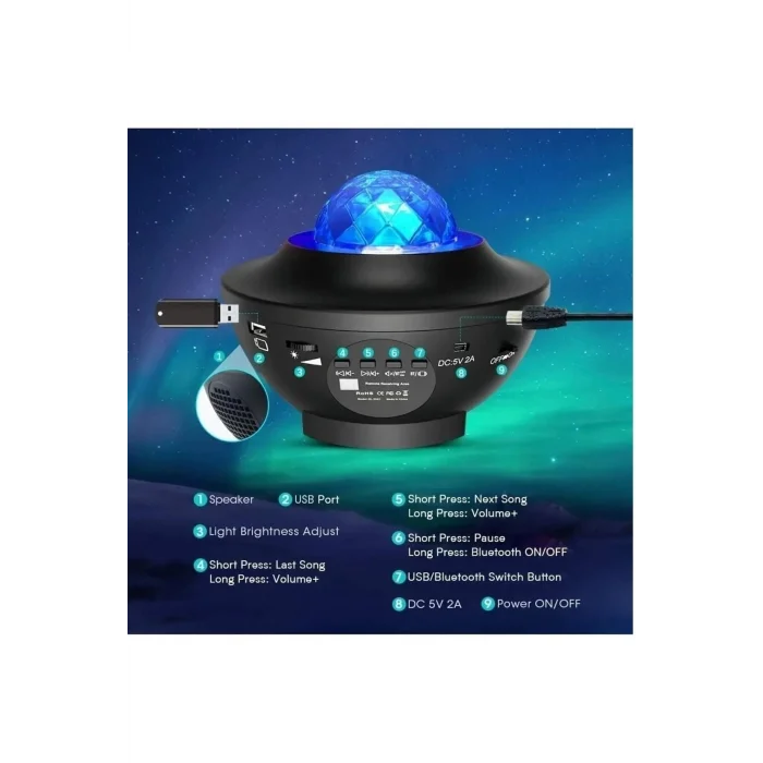 BUĞZ Bluetooth hoparlörlü sese duyarlı projektör gece lambası tavan aydınlatıcı çok renkli