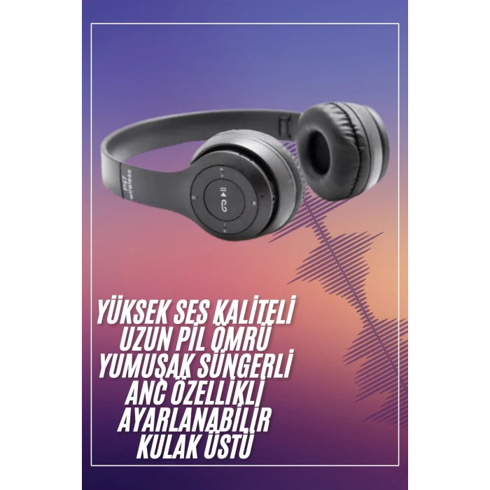 BUĞZ Bluetooth Kablosuz Kulaklık Siyah Wireless 5.0 Kulak Üstü Uzun Pil Ömrü - BUĞZ