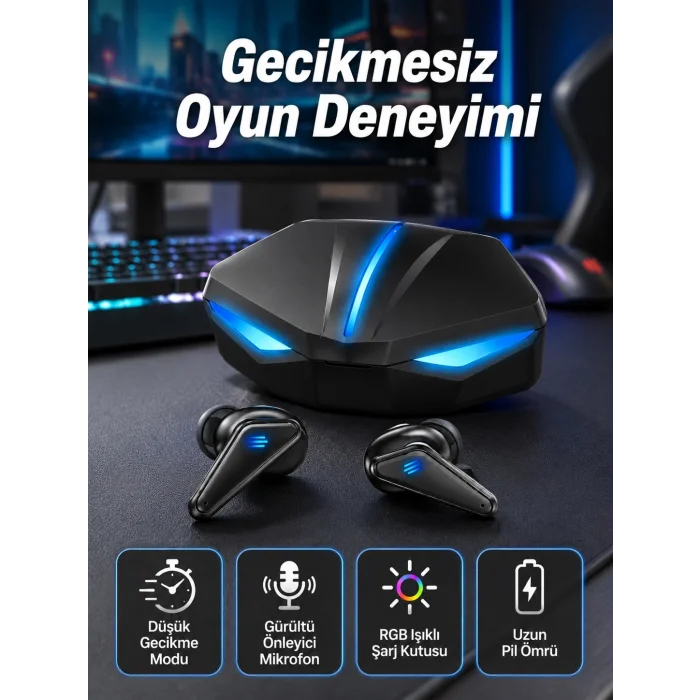BUĞZ Bluetooth Kulaklık Oyuncu Kulaklığı RGB Işıklı Oyunlarda Düşük Gecikme