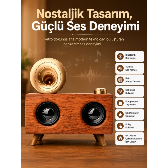BUĞZ Bluetooth Nostalji Speaker Radyo Gramofon Ahşap Renk Vintage