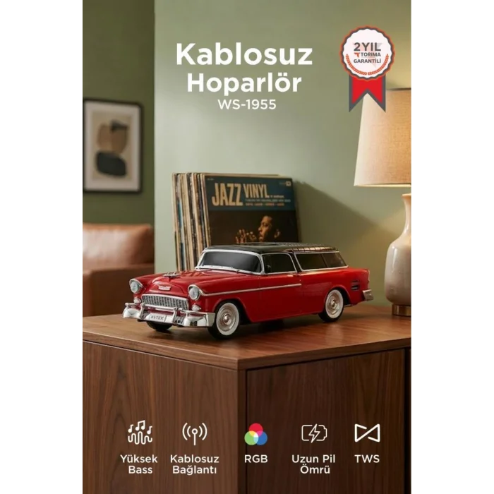 BUĞZ Bluetooth özellikli kırmızı klasik araba tasarımlı nostaljik radyo USB TF FM destekli