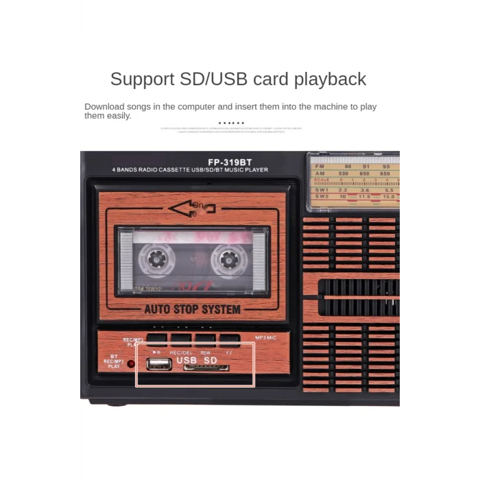 BUĞZ Bluetooth özellikli nostaljik radyo USB kart FM radyo kaset çalar bordo 2 yıl garantili
