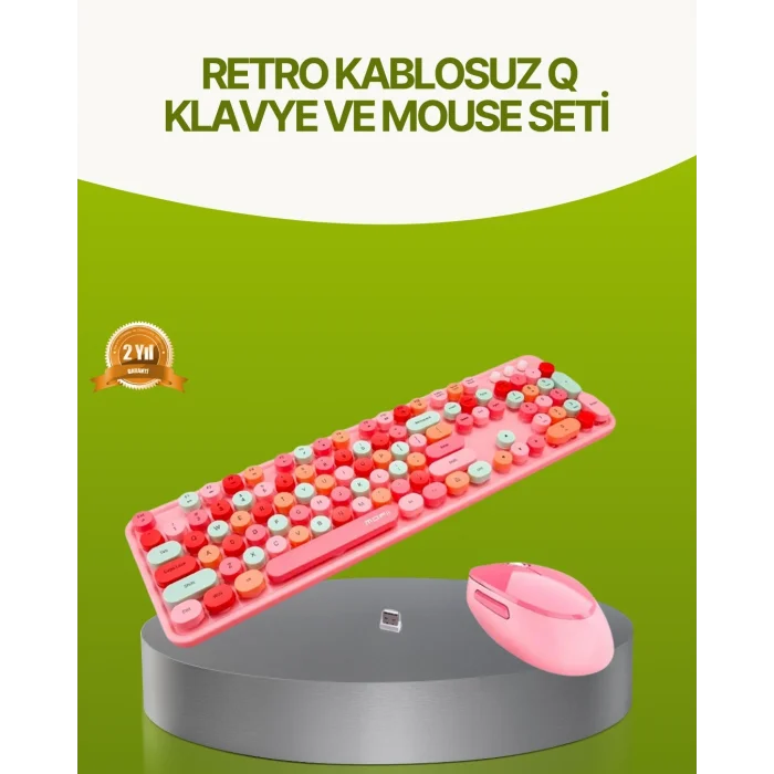 BUĞZ Bluetooth Retro Kablosuz Klavye ve Mouse Seti – 3 Cihaz Bağlantılı, Sessiz Tuş, Uzun Pil Ömrü