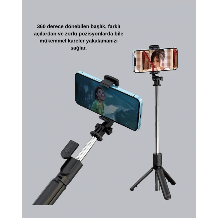 BUĞZ Bluetooth Selfie Çubuğu – 360° Dönebilen Başlık, Kablosuz Bağlantı