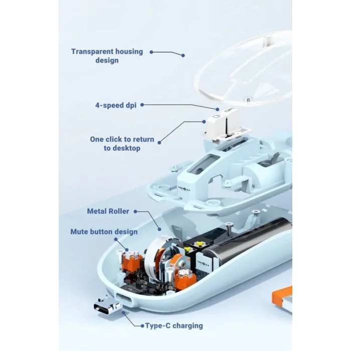 BUĞZ Bluetooth USB Çift Modlu Sessiz Mouse, Şeffaf Mıknatıslı Kapaklı, Type-C Şarjlı, DPI Ayarlı, Kablosuz 10m Çekim Mesafeli, Masaüstü Kısayol Tuşlu, Taşınabilir Şarjlı Mouse Siyah