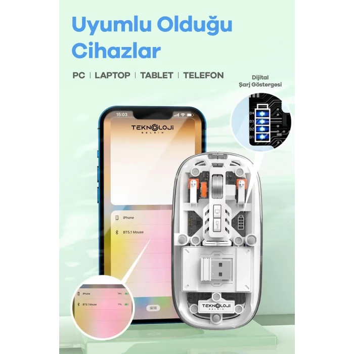 BUĞZ Bluetooth USB Çift Modlu Sessiz Mouse, Şeffaf Mıknatıslı Kapaklı, Type-C Şarjlı, DPI Ayarlı, Kablosuz 10m Çekim Mesafeli, Masaüstü Kısayol Tuşlu, Taşınabilir Şarjlı Mouse Turuncu