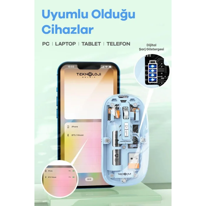 BUĞZ Bluetooth USB Çift Modlu Sessiz Mouse, Şeffaf Mıknatıslı Kapaklı, Type-C Şarjlı, DPI Ayarlı, Kablosuz 10m Çekim Mesafeli, Masaüstü Kısayol Tuşlu, Taşınabilir Şarjlı Mouse Siyah