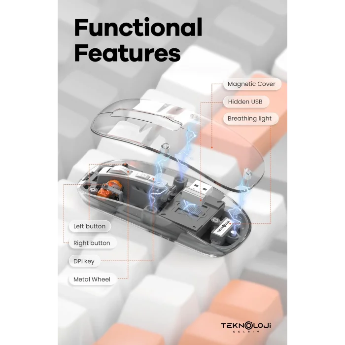 BUĞZ Bluetooth USB Çift Modlu Sessiz Mouse, Şeffaf Mıknatıslı Kapaklı, Type-C Şarjlı, DPI Ayarlı, Kablosuz 10m Çekim Mesafeli, Masaüstü Kısayol Tuşlu, Taşınabilir Şarjlı Mouse Beyaz ( BUĞZ )
