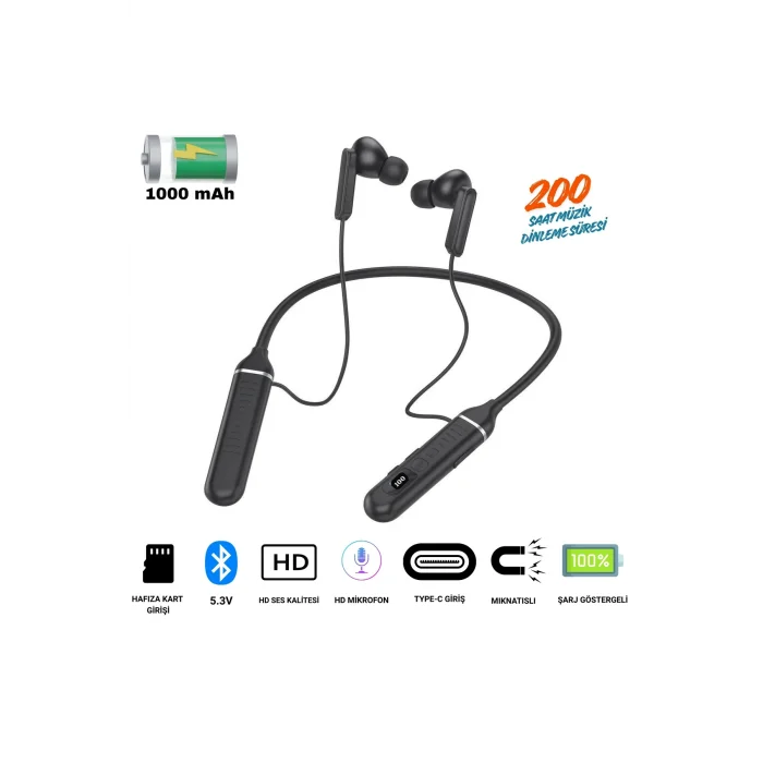 BUĞZ Boyun Bantlı Spor Bluetooth Kulaklık, Şarj Göstergeli ve Hafıza Kart Girişli Kablosuz Müzik Dinleme
