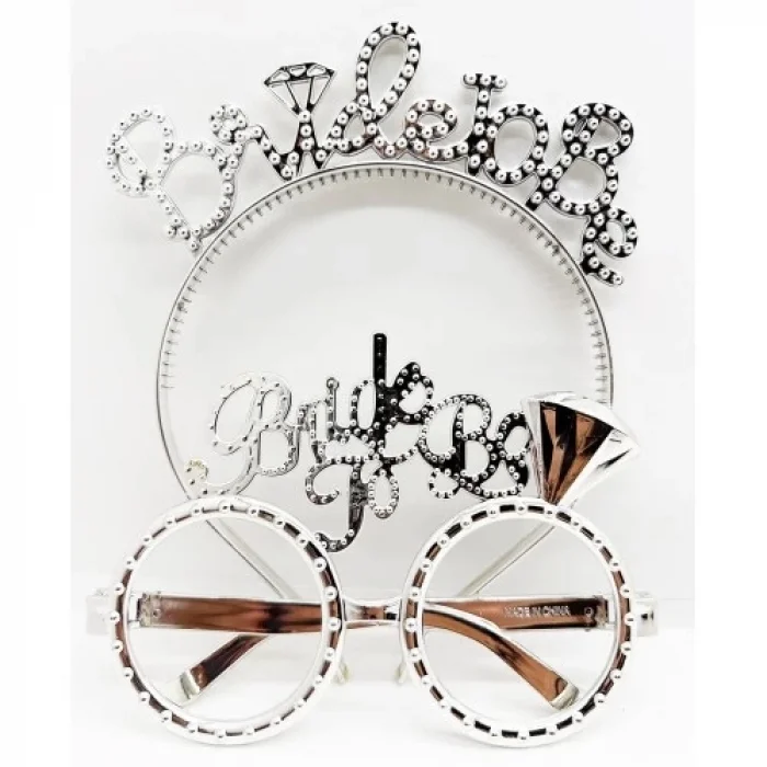  Bride To Be Yazılı Taç ve Bride To Be Yazılı Gözlük Seti Gümüş Renk