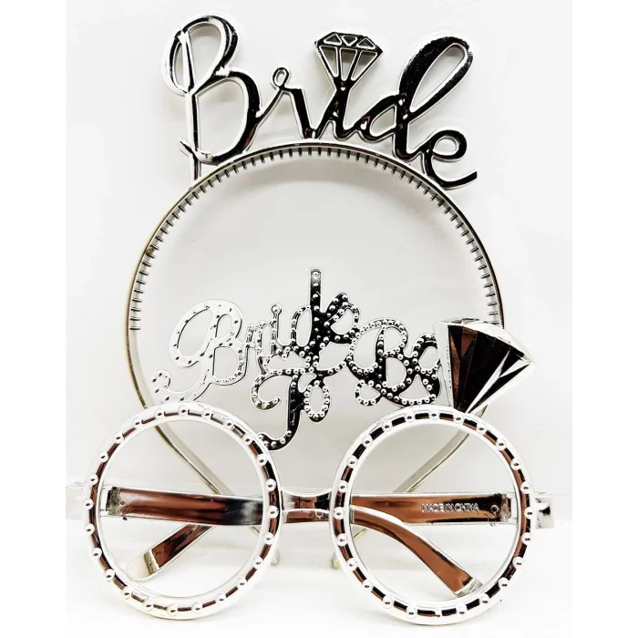 BUĞZ Bride Yazılı Taç ve Bride To Be Yazılı Gözlük Seti Gümüş Renk