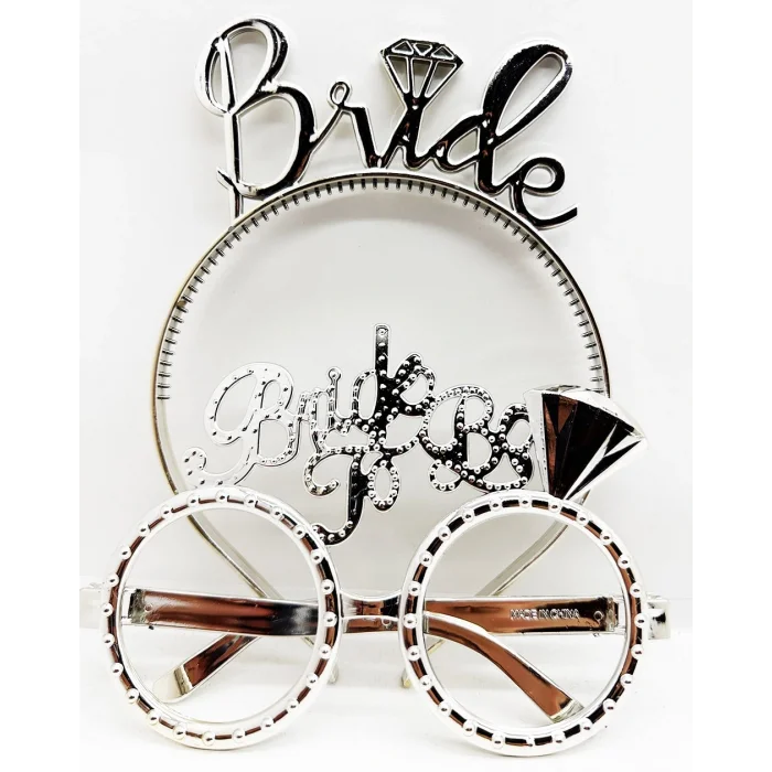 BUĞZ Bride Yazılı Taç ve Bride To Be Yazılı Gözlük Seti Gümüş Renk