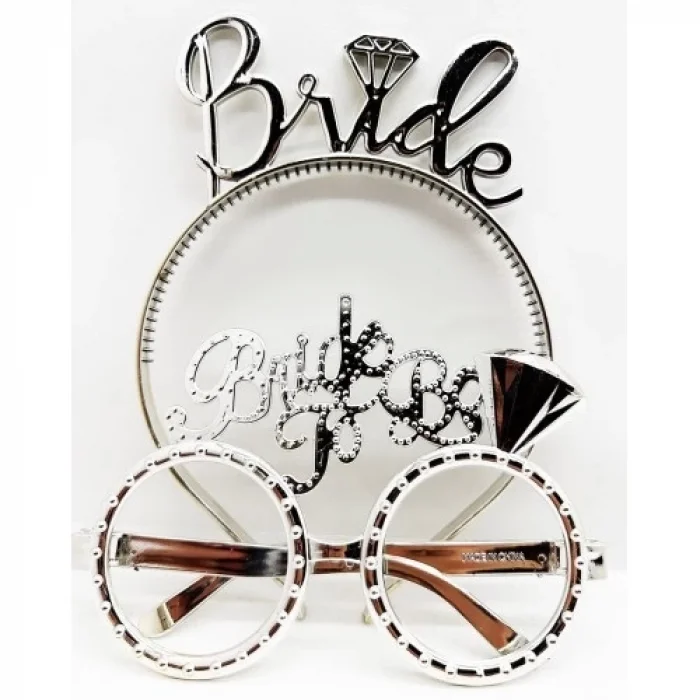  Bride Yazılı Taç ve Bride To Be Yazılı Gözlük Seti Gümüş Renk