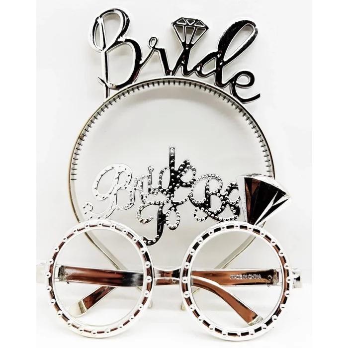 BUĞZ Bride Yazılı Taç Ve Bride To Be Yazılı Gözlük Seti Gümüş Renk