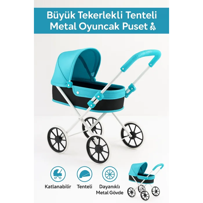 Büyük Tekerlekli Tenteli Katlanabilir Metal Oyuncak Bebek Puseti Premium Lüx Mavi
