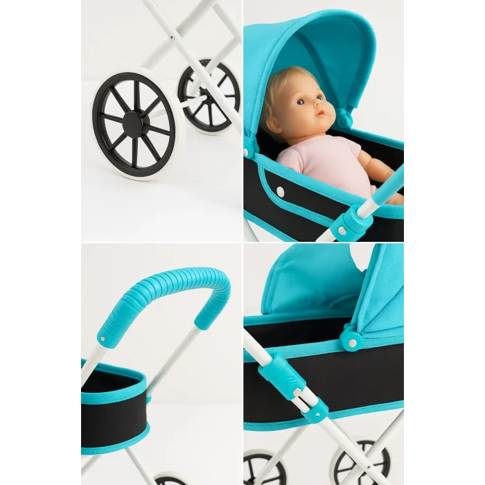  Büyük Tekerlekli Tenteli Katlanabilir Metal Oyuncak Bebek Puseti Premium Lüx Mavi