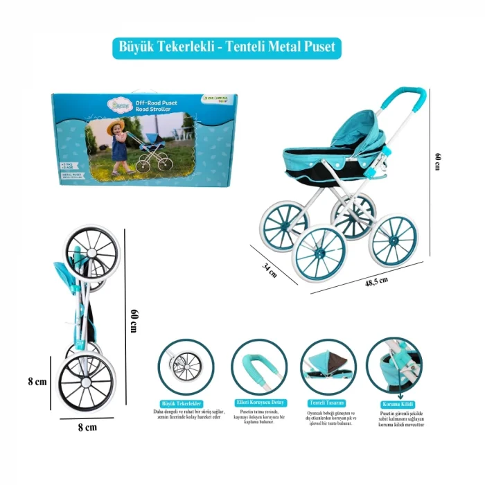  Büyük Tekerlekli Tenteli Katlanabilir Metal Oyuncak Bebek Puseti Premium Lüx Mavi