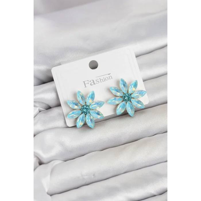 BUĞZ Buz Mavisi Renk Kristal Taşlı Lotus Çiçek Model Kadın Küpe